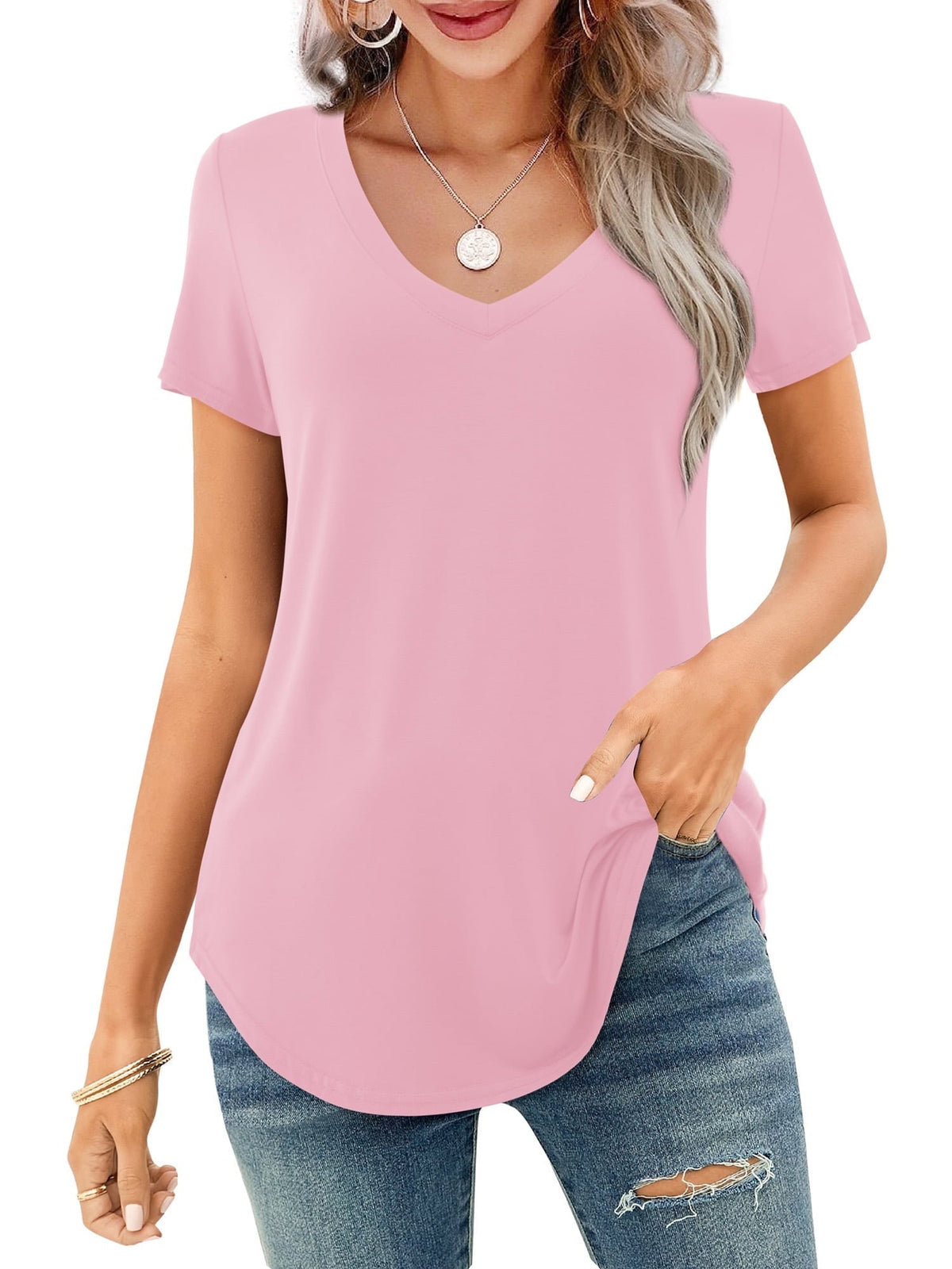 Limited time sale🔥Women's V-neck Short Sleeve Curved Hem Tee Top