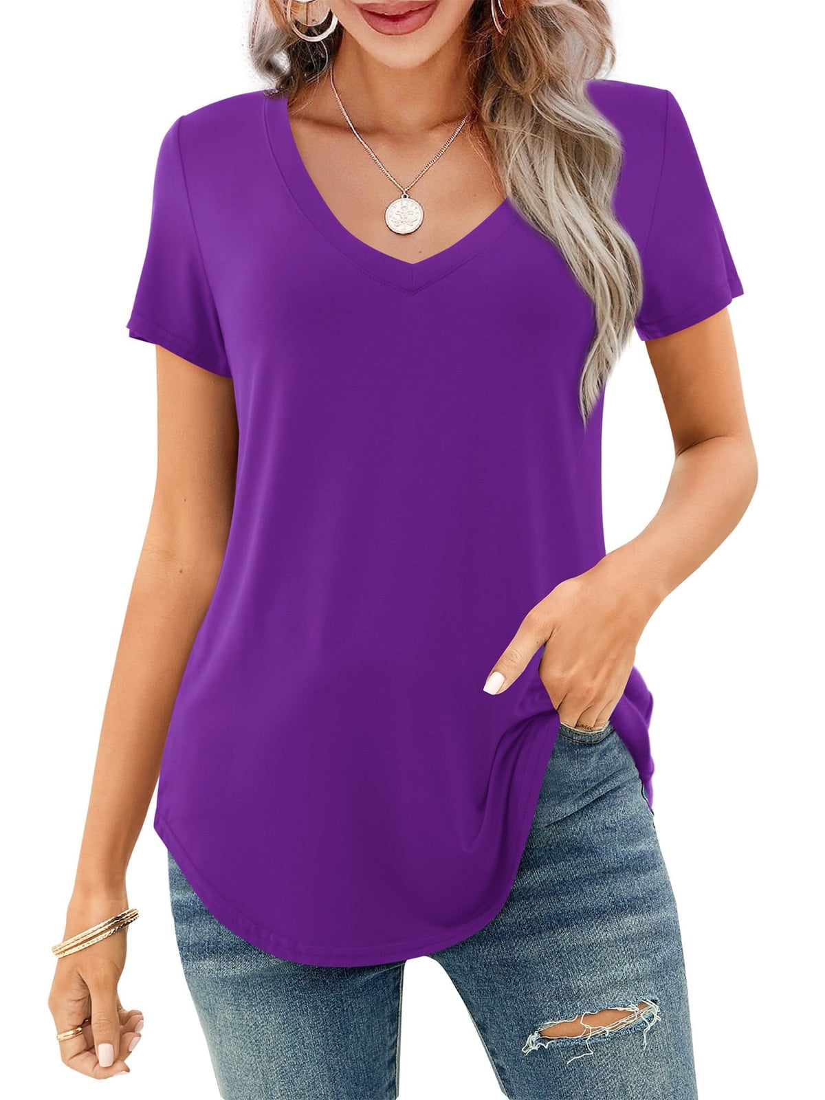 Limited time sale🔥Women's V-neck Short Sleeve Curved Hem Tee Top