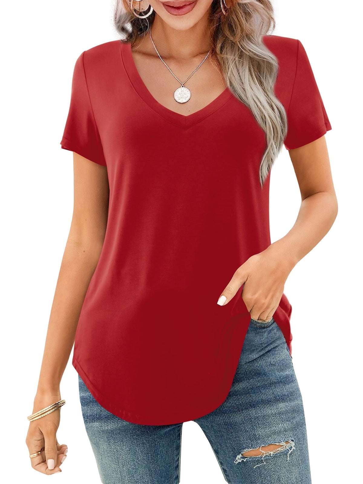 Limited time sale🔥Women's V-neck Short Sleeve Curved Hem Tee Top