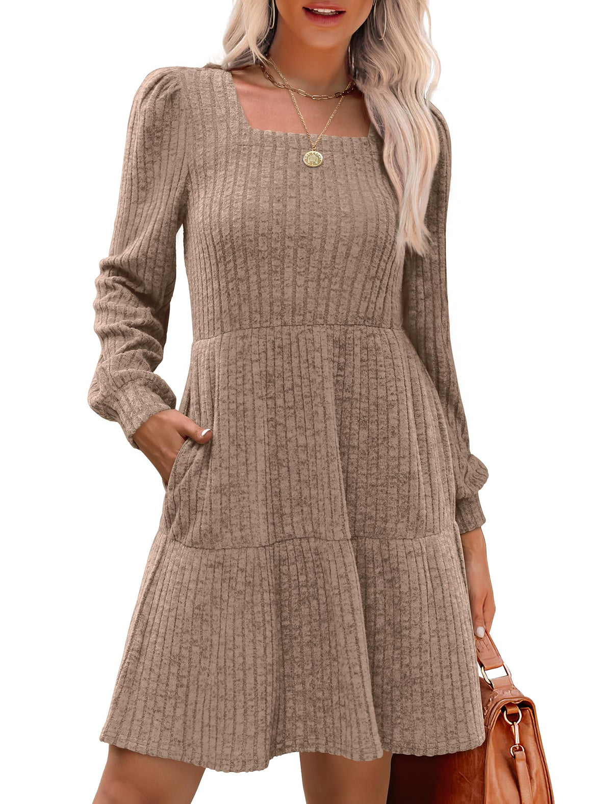 Limited time sale🔥Women's Square Neck Lantern Sleeve Ribbed Dress