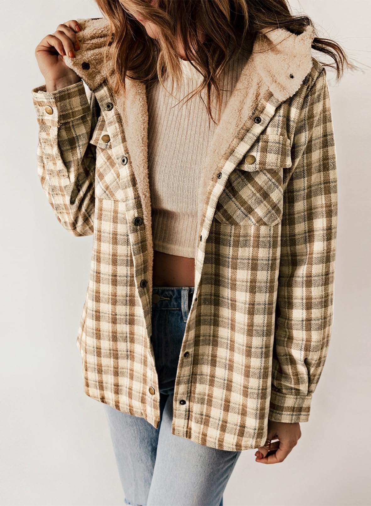 HOT SALE🔥Women's Fall Fuzzy Flannel Long Sleeve Plaid Jacket Coat with Hood