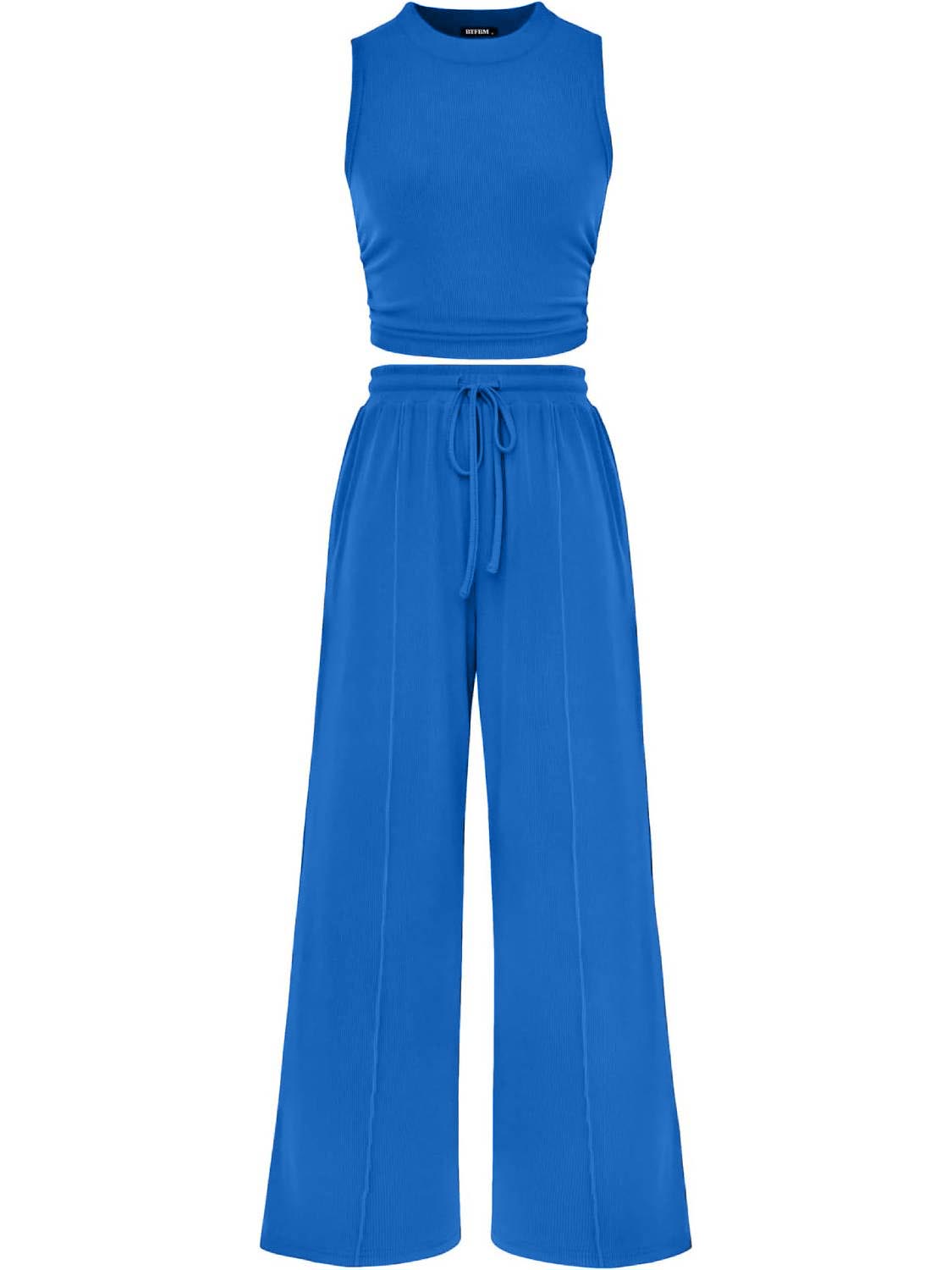 Limited time sale🔥Women Sleeveless Cropped Top Elastic Waist Wide Leg Pants 2 Piece Set