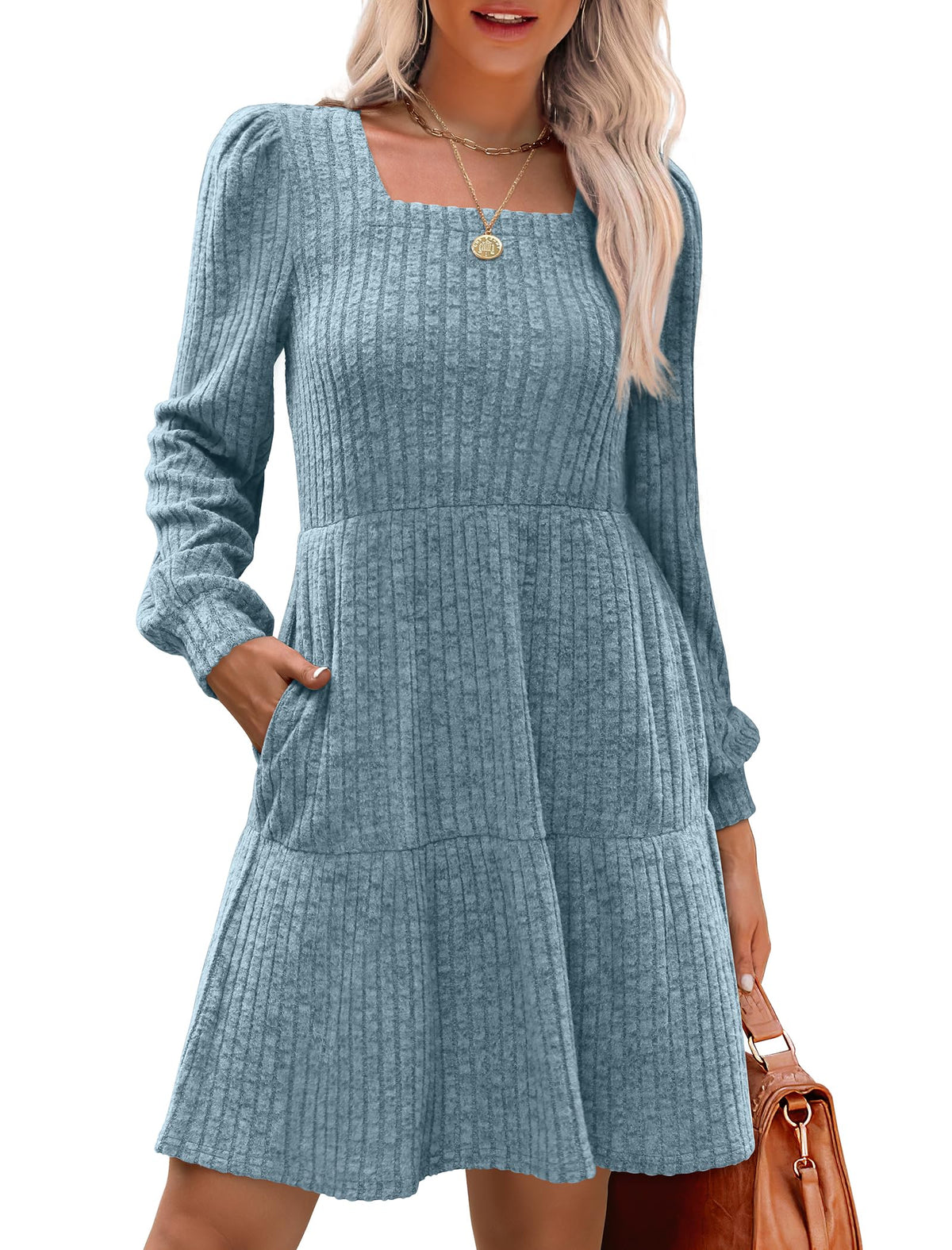 Limited time sale🔥Women's Square Neck Lantern Sleeve Ribbed Dress