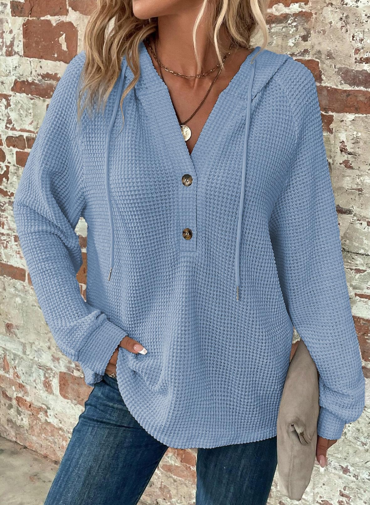 Limited time sale 🔥Women's Waffle Knit Drawstring Button V Neck Hooded Sweatshirt