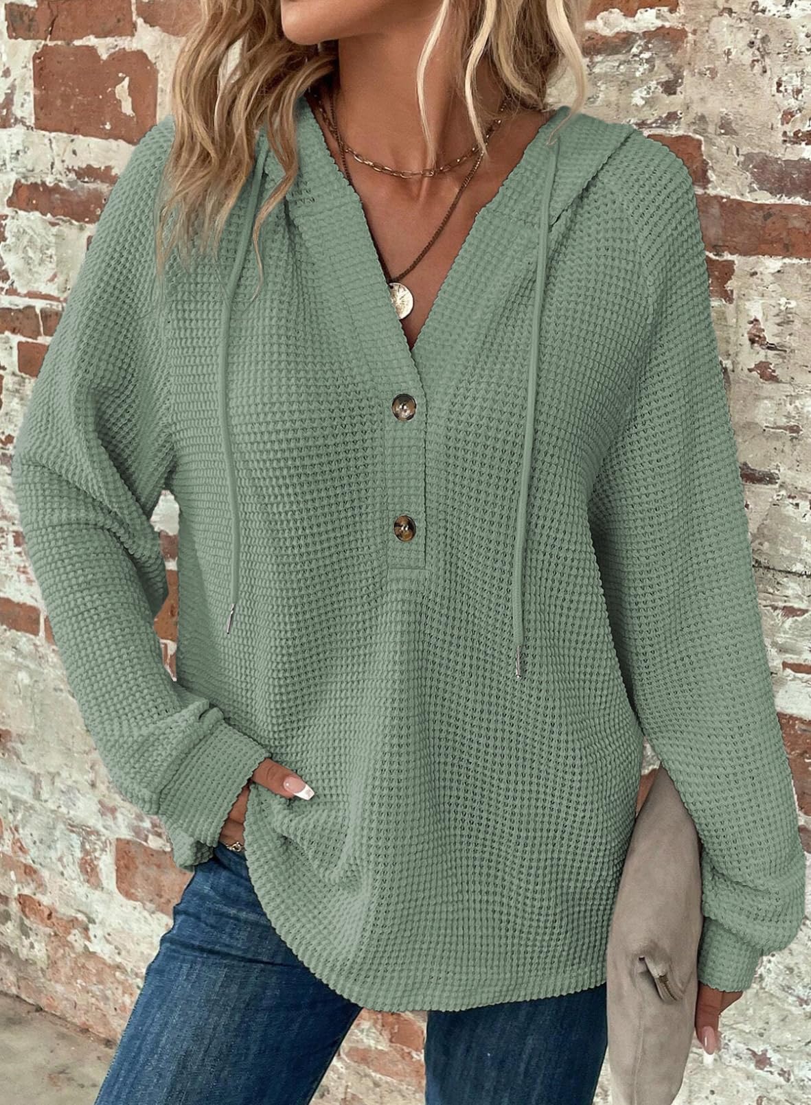 Limited time sale 🔥Women's Waffle Knit Drawstring Button V Neck Hooded Sweatshirt