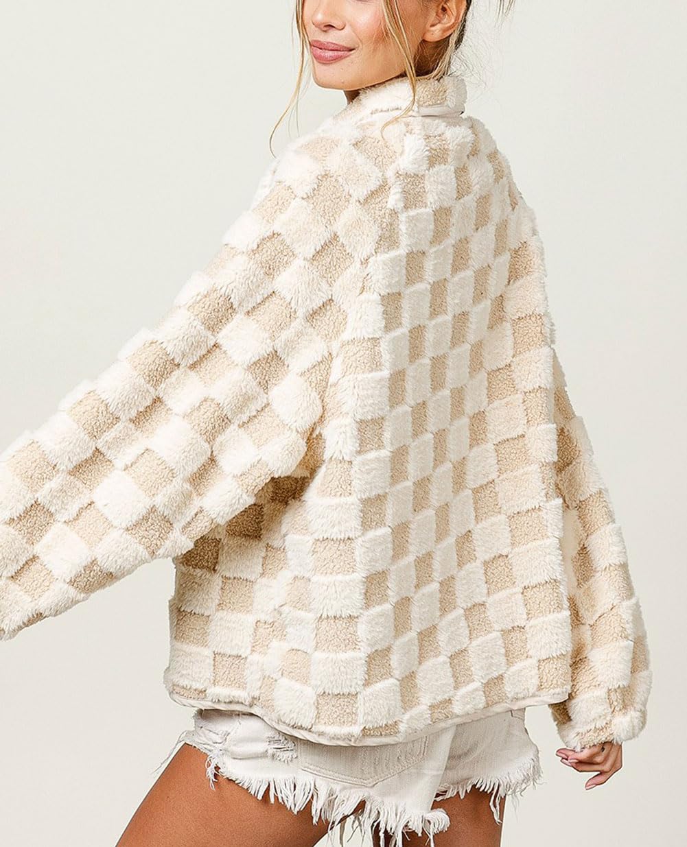 Women Winter Casual Checkered Fleece Sherpa Jacket
