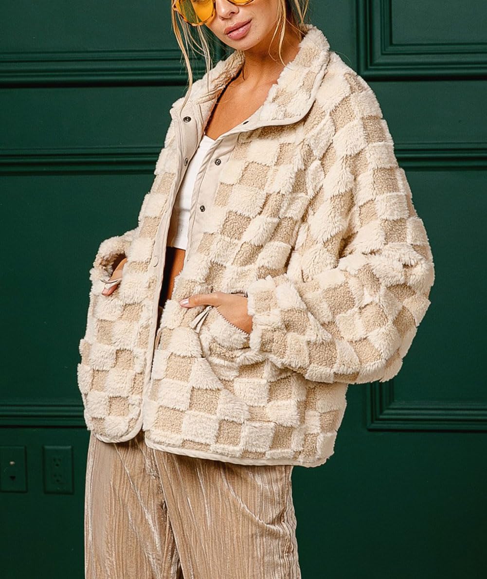 Women Winter Casual Checkered Fleece Sherpa Jacket