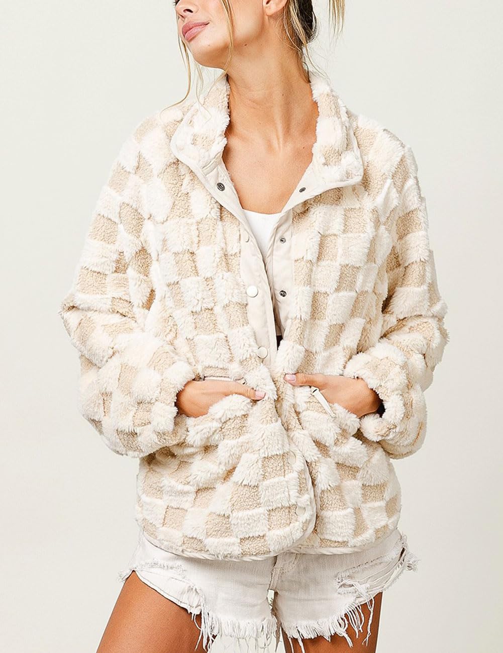 Women Winter Casual Checkered Fleece Sherpa Jacket