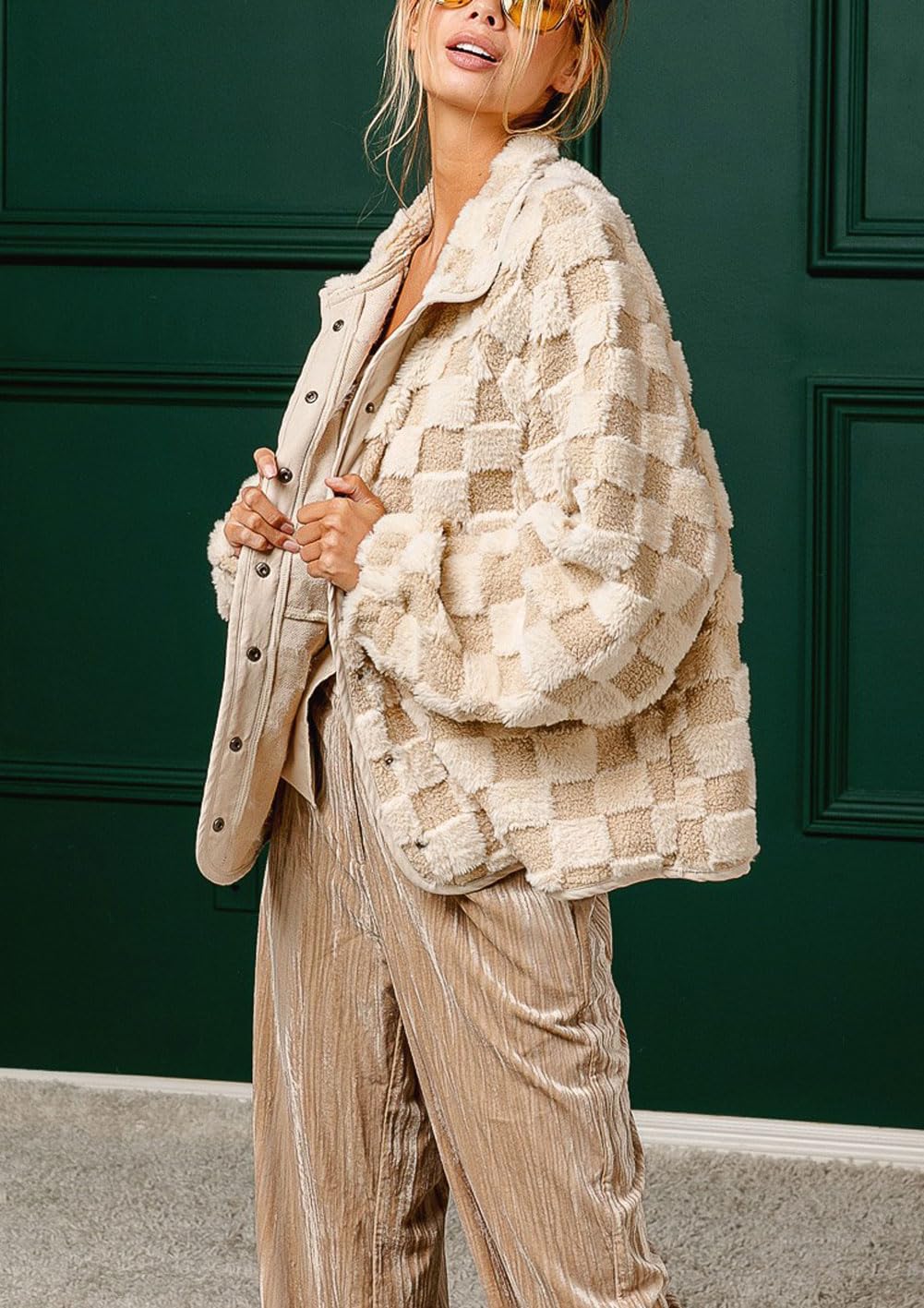 Women Winter Casual Checkered Fleece Sherpa Jacket