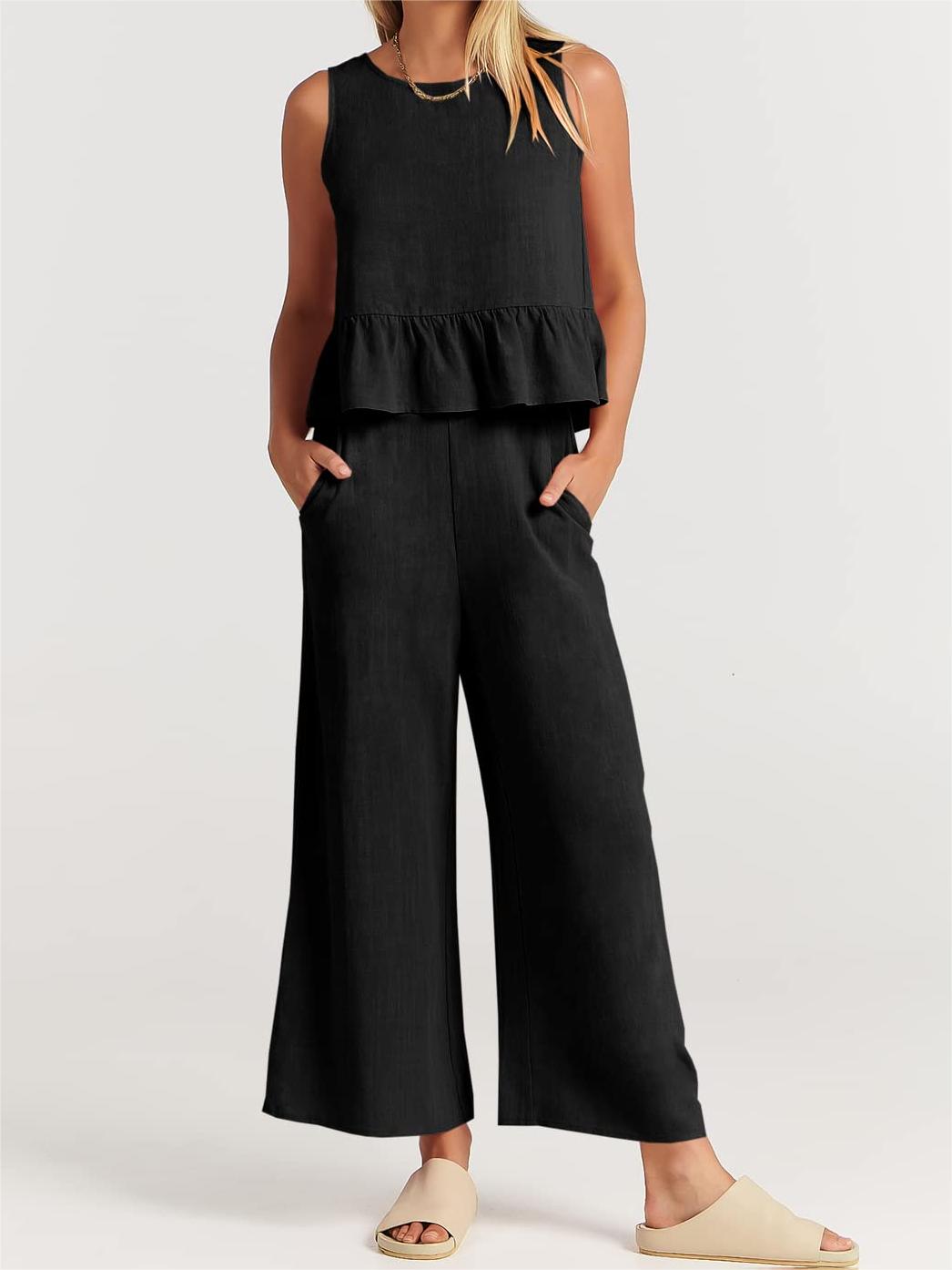 Limited time sale🔥Women 2 Piece Outfits Tank Crop Top Wide Leg Pants Lounge Matching Sets