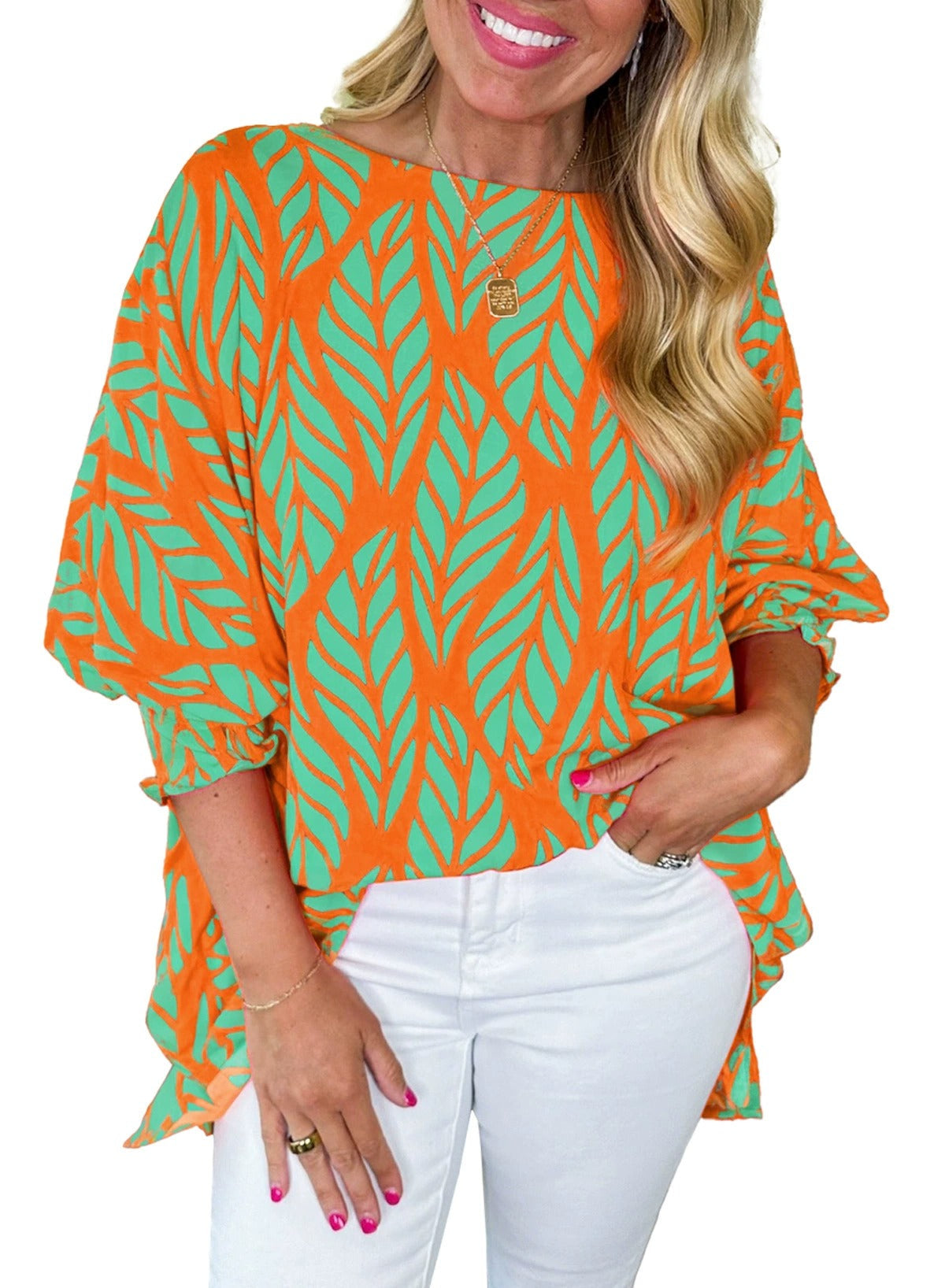 ✨2025 Women Leaf Print Smocked Puff Sleeve Blouse