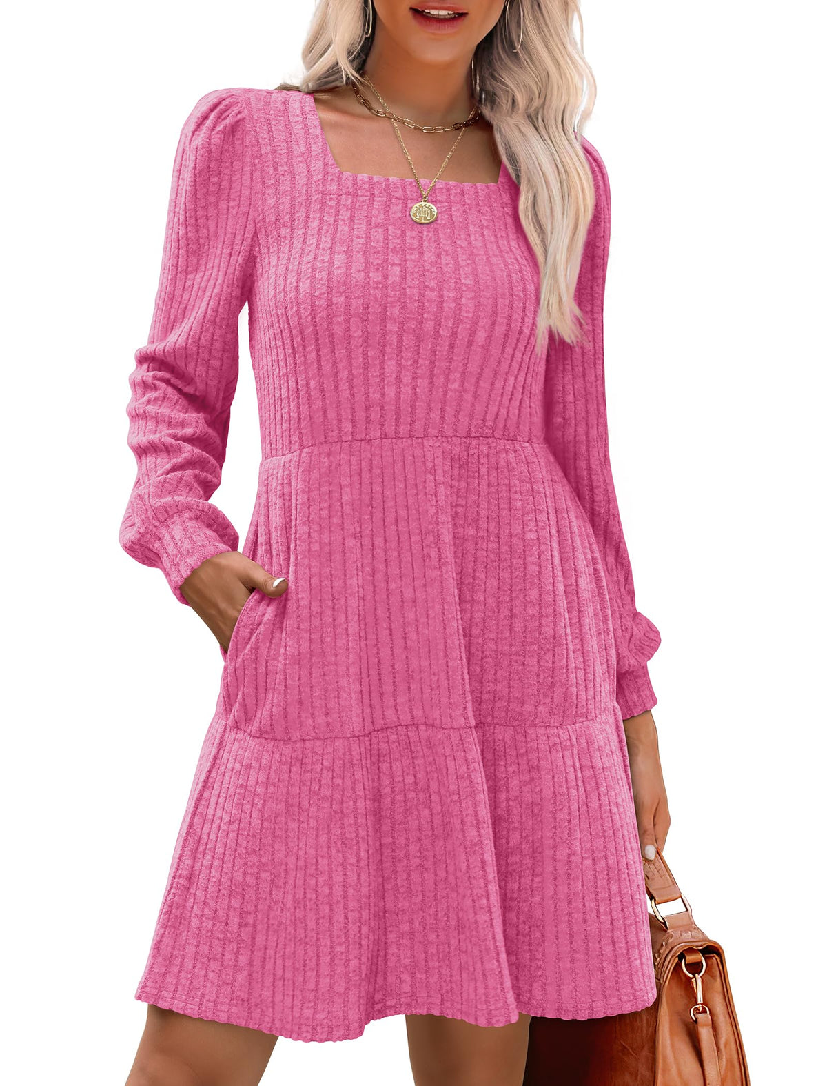 Limited time sale🔥Women's Square Neck Lantern Sleeve Ribbed Dress