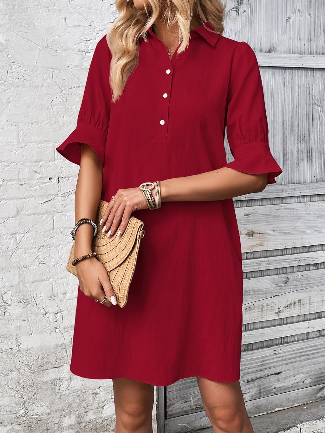 Limited time sale🔥 Womens Casual Shirt Dress Ruffle Sleeve Solid Color Button Down