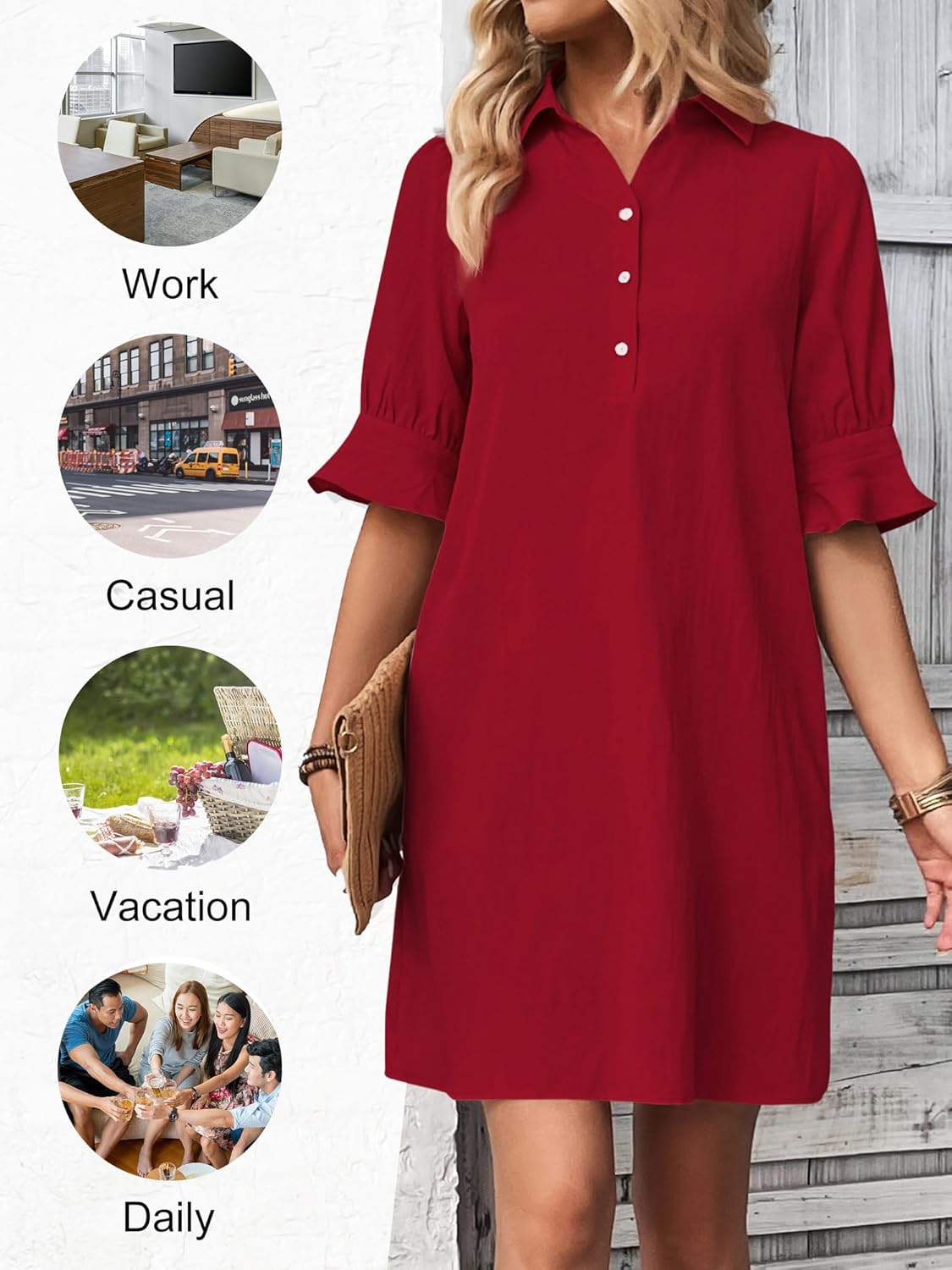 Limited time sale🔥 Womens Casual Shirt Dress Ruffle Sleeve Solid Color Button Down
