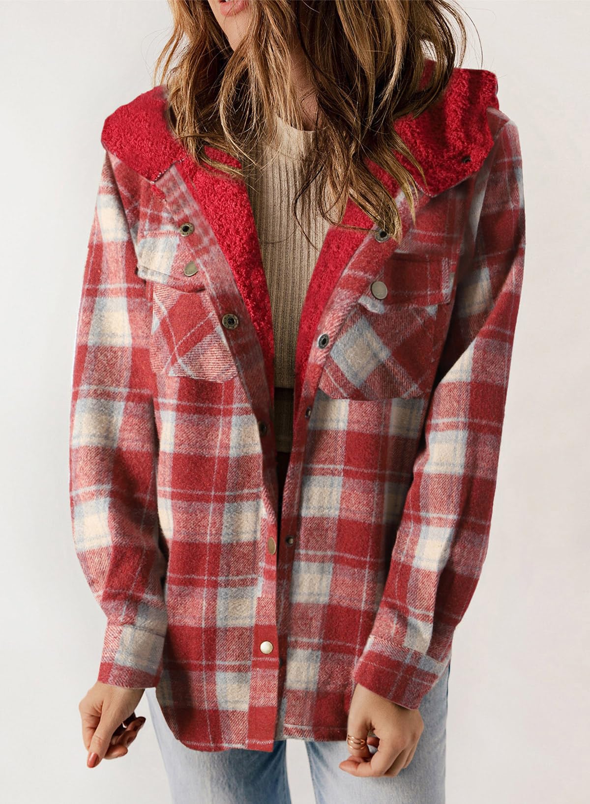 HOT SALE🔥Women's Fall Fuzzy Flannel Long Sleeve Plaid Jacket Coat with Hood