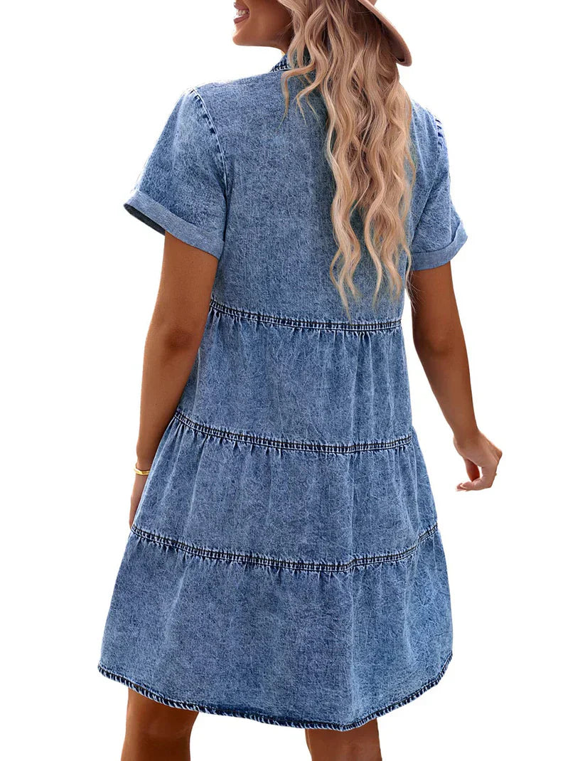 Limited time sale🔥Women's Short Sleeve Button Denim Shirt Dress