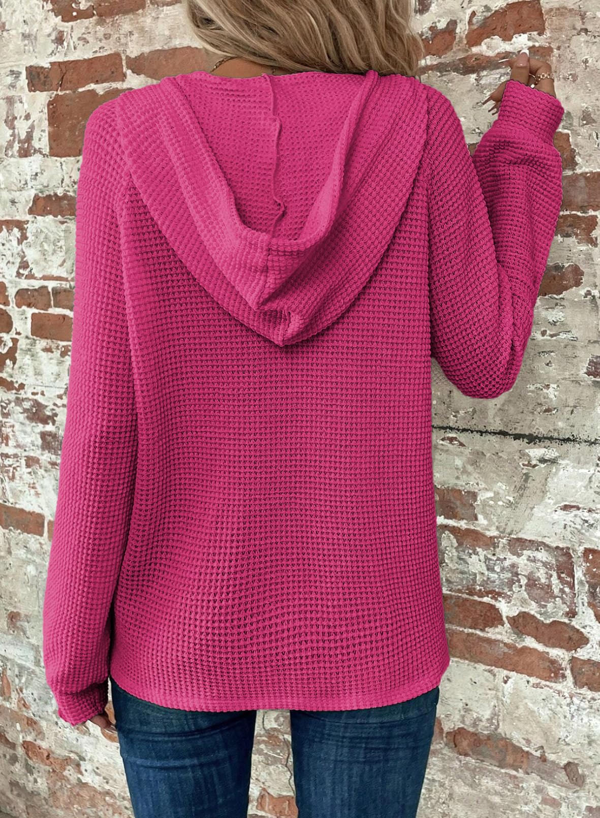Women's Waffle Knit Drawstring Button V Neck Hooded Sweatshirt(buy 2 free shipping)