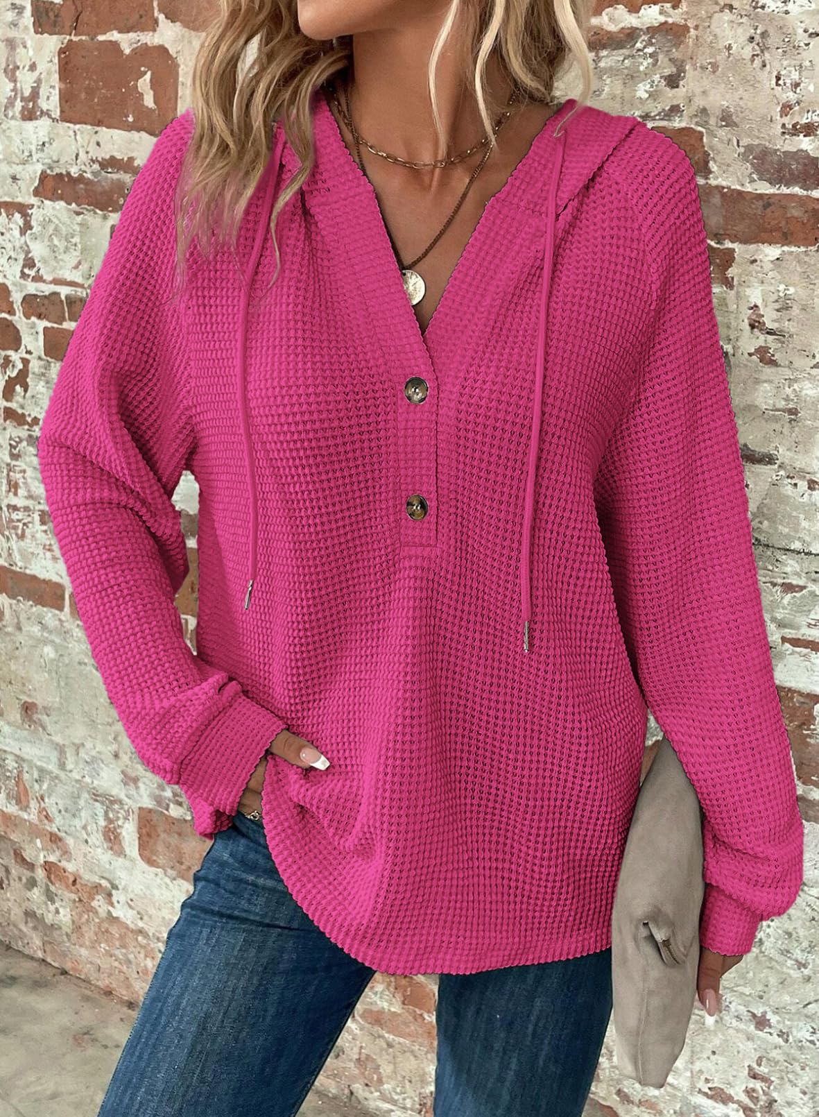 Limited time sale 🔥Women's Waffle Knit Drawstring Button V Neck Hooded Sweatshirt