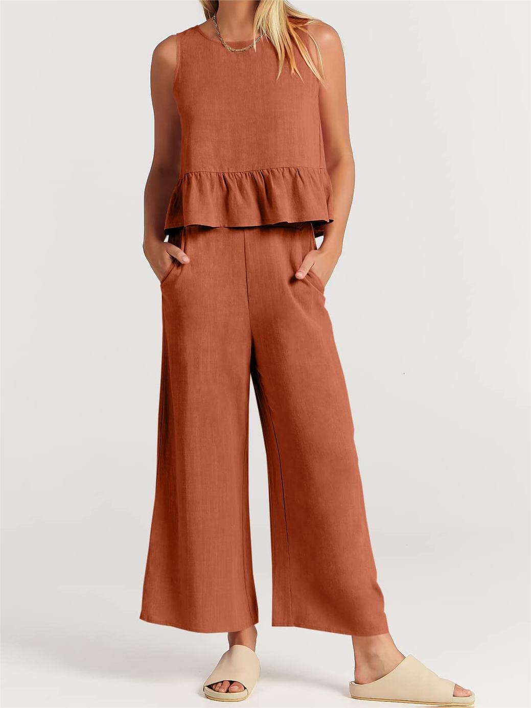Limited time sale🔥Women 2 Piece Outfits Tank Crop Top Wide Leg Pants Lounge Matching Sets