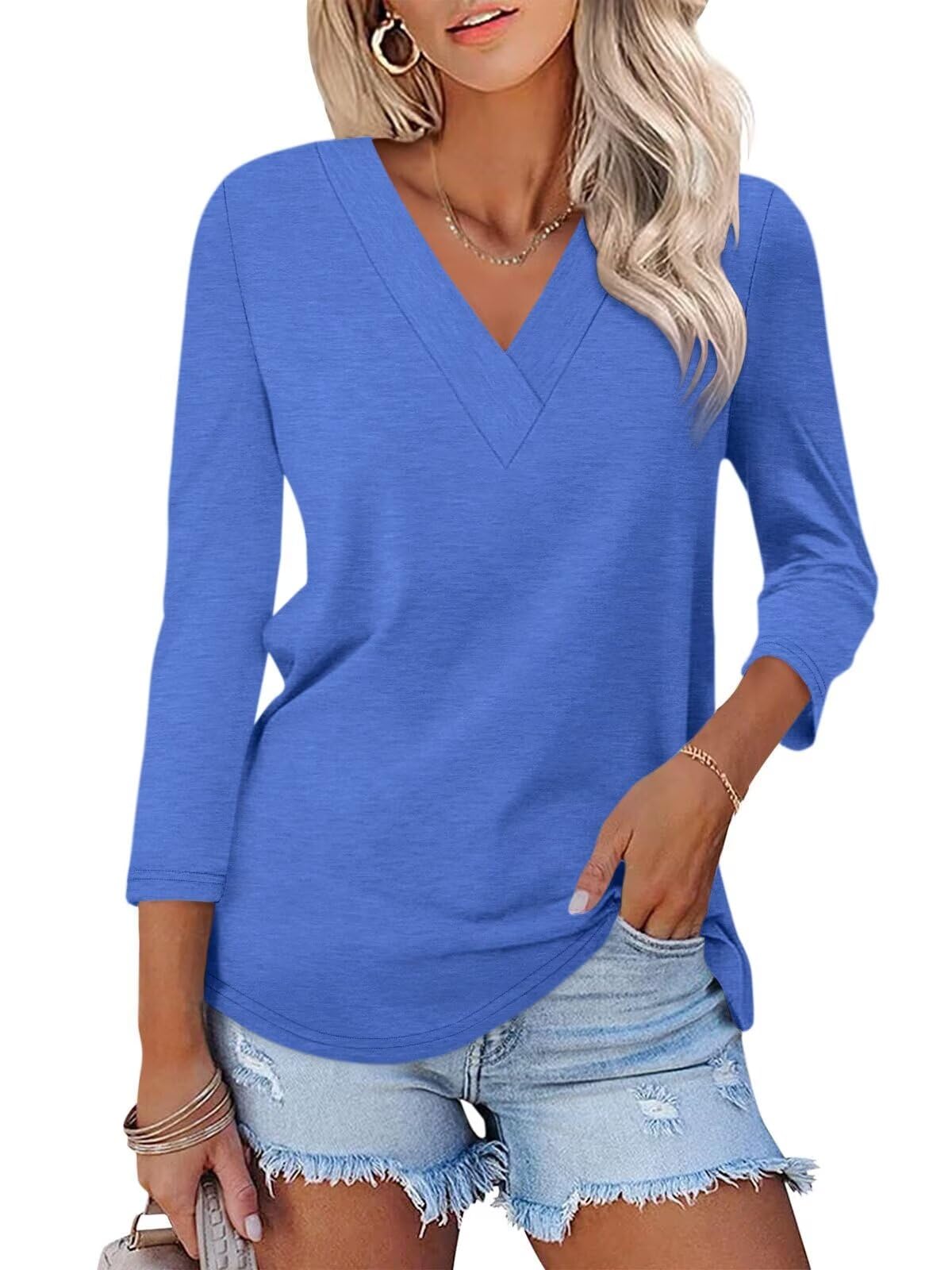 Limited time sale🔥Women's 3/4 Length Sleeves V Neck Shirts Basic Tees