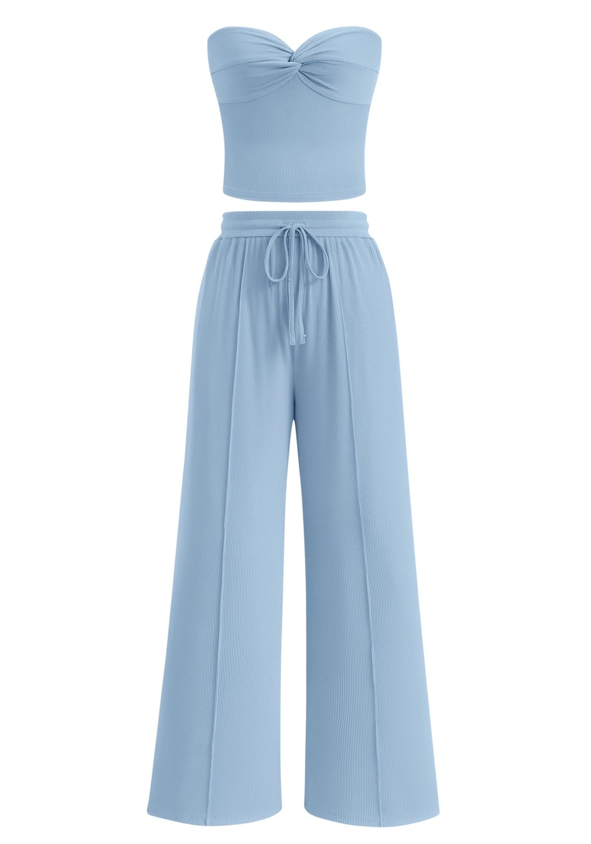 Women Ribbed Strapless Twist Knot Tube Top Pants 2 Piece Set