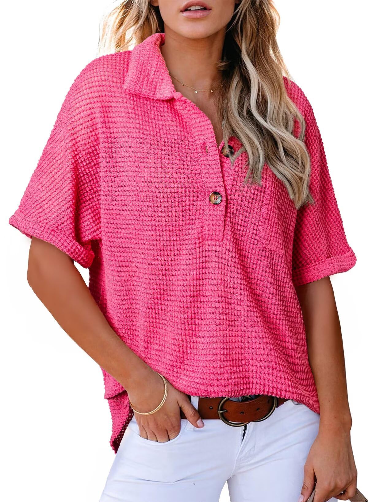 Limited time sale🔥Women's Waffle Knit Short Sleeve Tunic Henley Top