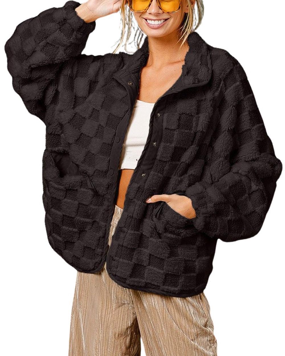 Women Winter Casual Checkered Fleece Sherpa Jacket