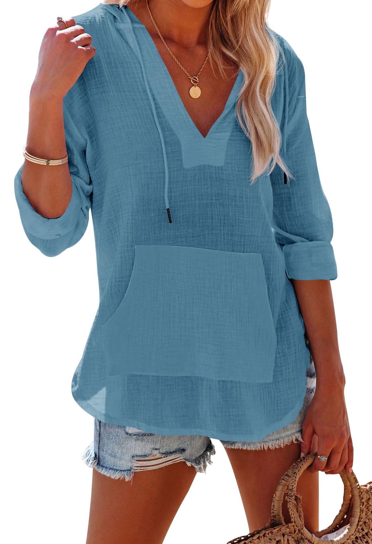 Limited time sale🔥 Women's Long Sleeve V Neck Pocketed Hooded Shirt Top