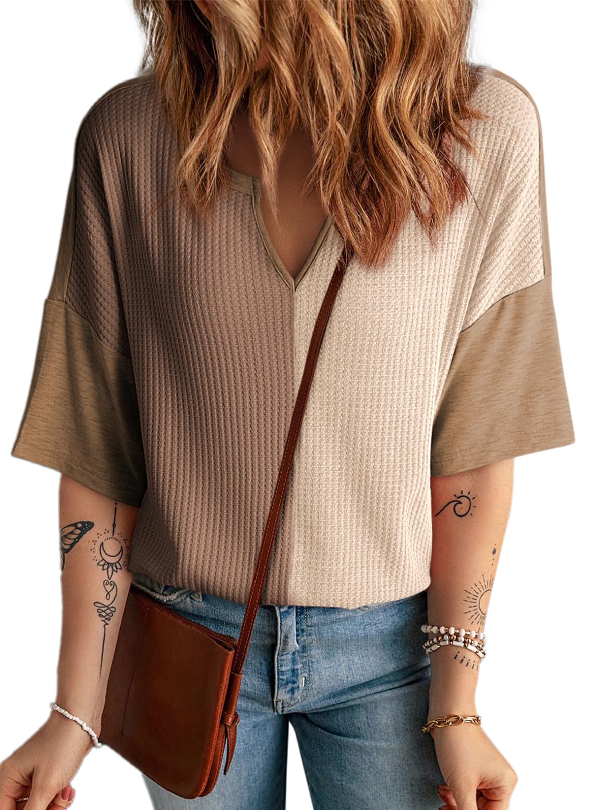 Limited time sale🔥Women's Half Sleeve Waffle Knit Casual V Neck Colorblock Patchwork Shirts