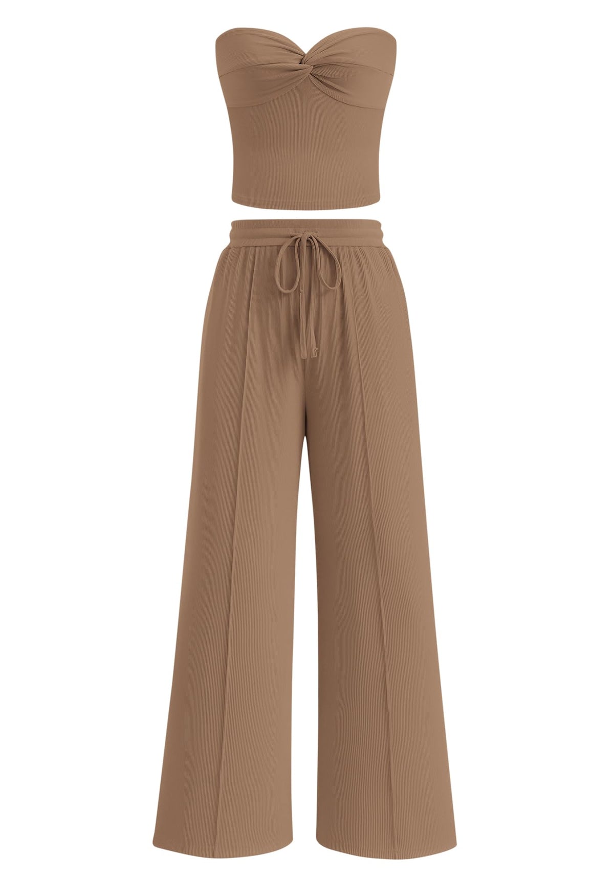 Women Ribbed Strapless Twist Knot Tube Top Pants 2 Piece Set