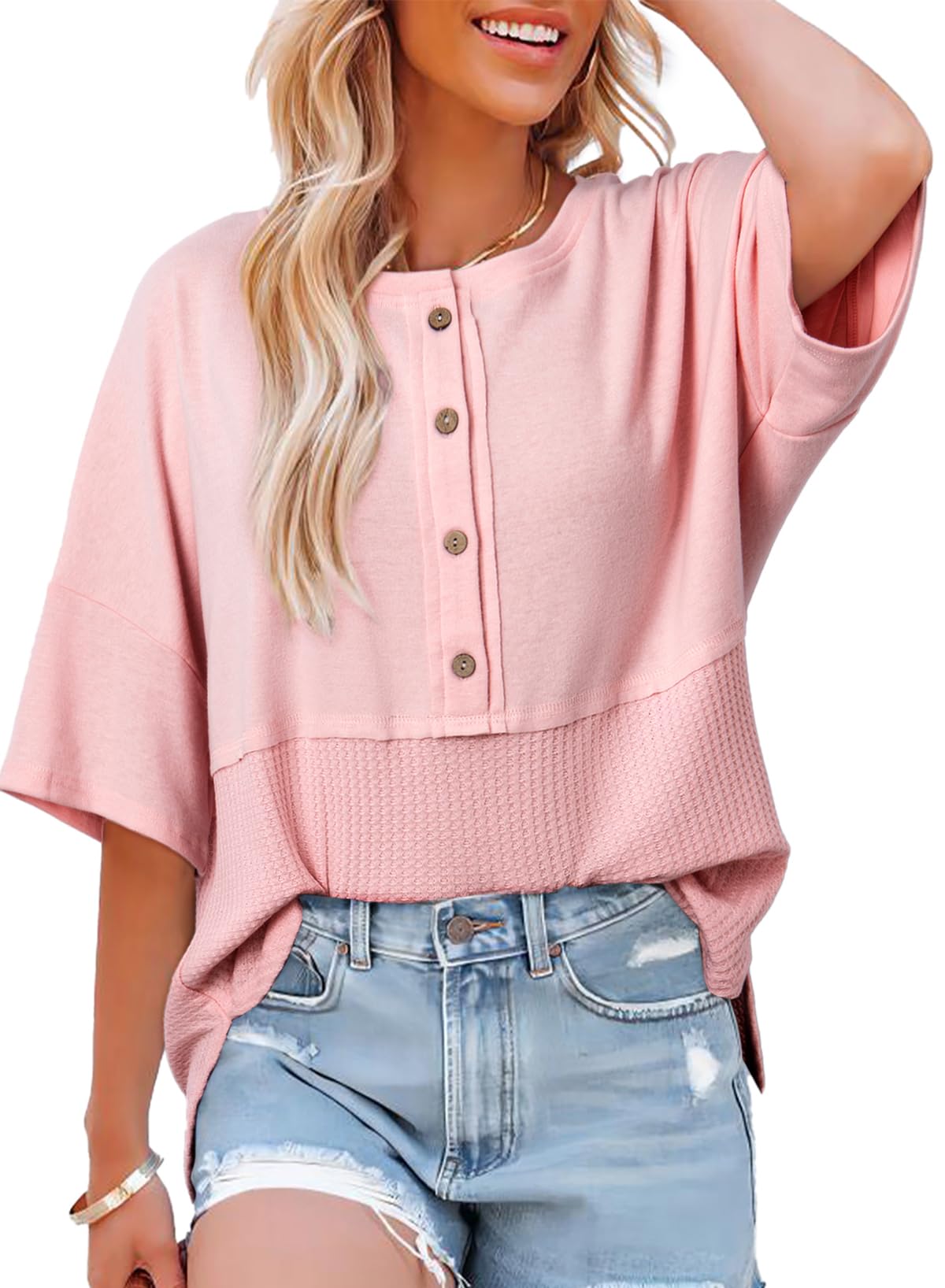 Limited time sale🔥Women's 3/4 Sleeve Casual Button Down Waffle Knit Tops