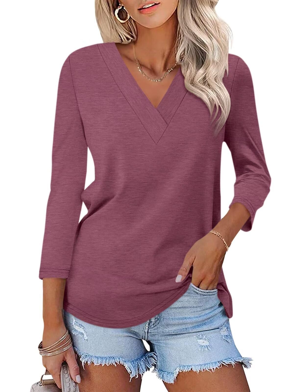 Limited time sale🔥Women's 3/4 Length Sleeves V Neck Shirts Basic Tees