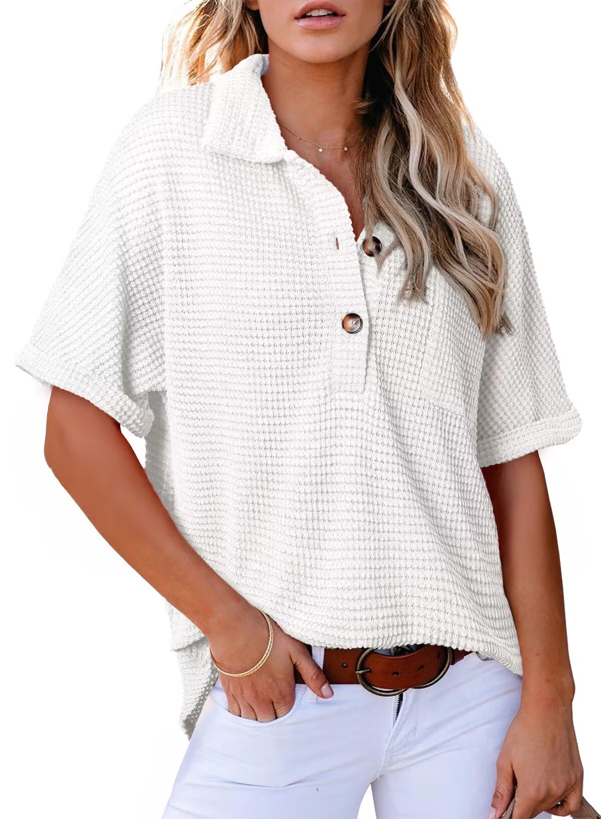 Limited time sale🔥Women's Waffle Knit Short Sleeve Tunic Henley Top