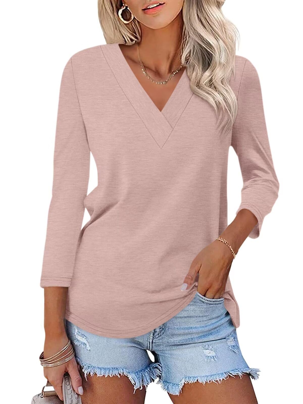 Limited time sale🔥Women's 3/4 Length Sleeves V Neck Shirts Basic Tees