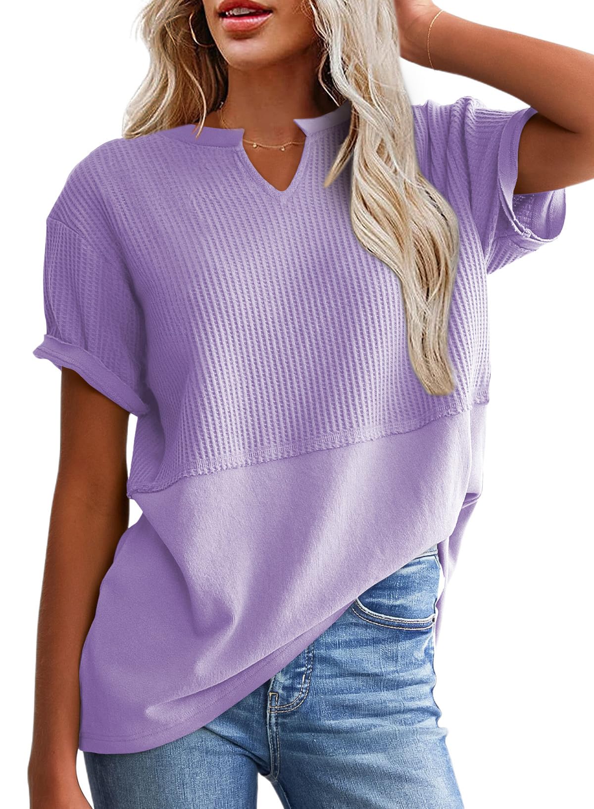 Limited time sale🔥Women's Casual V Neck Waffle Knit Tops Short Sleeve T Shirts