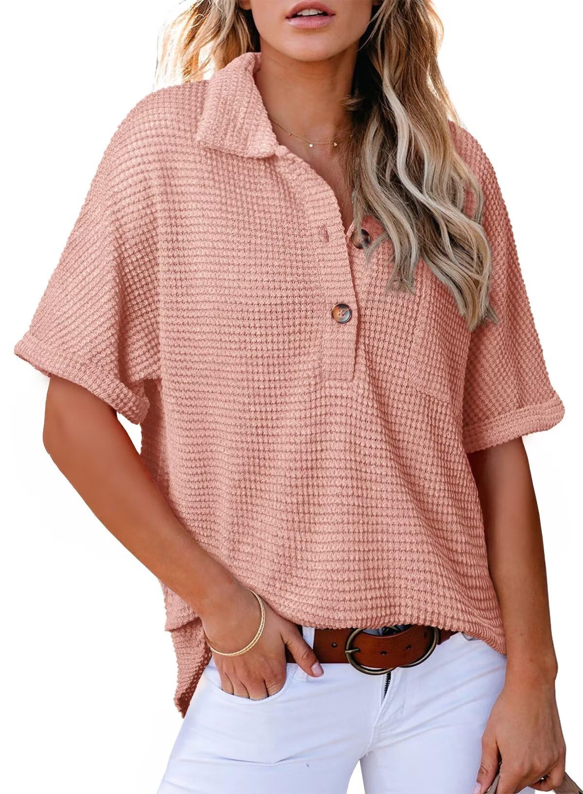 Limited time sale🔥Women's Waffle Knit Short Sleeve Tunic Henley Top