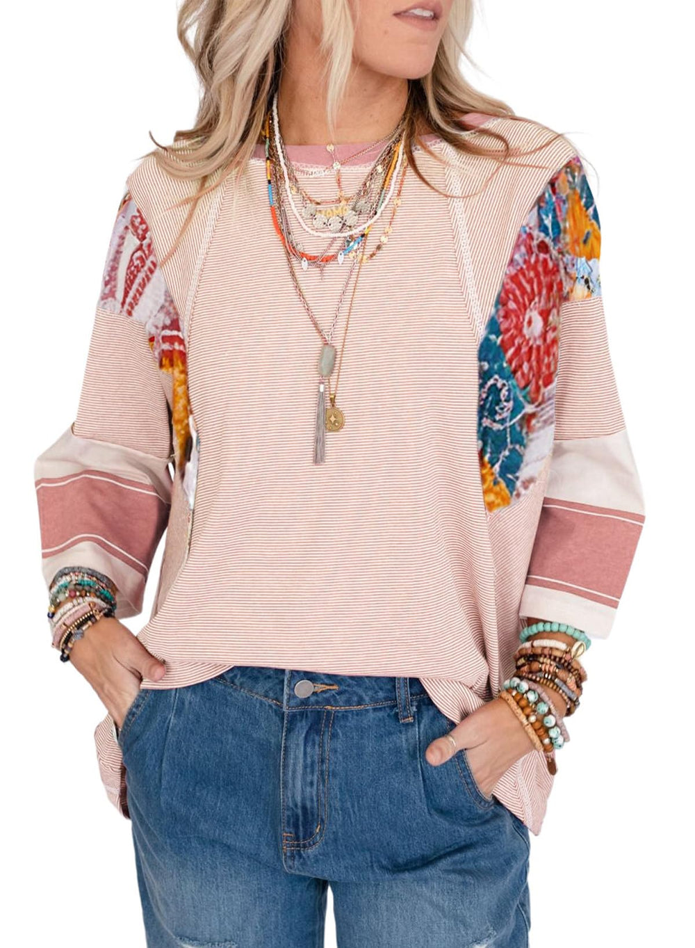 ✨Women's 3/4 Length Sleeve Oversized Striped Patchwork Shirts