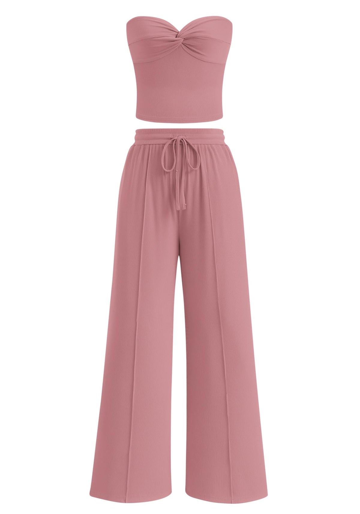 Women Ribbed Strapless Twist Knot Tube Top Pants 2 Piece Set