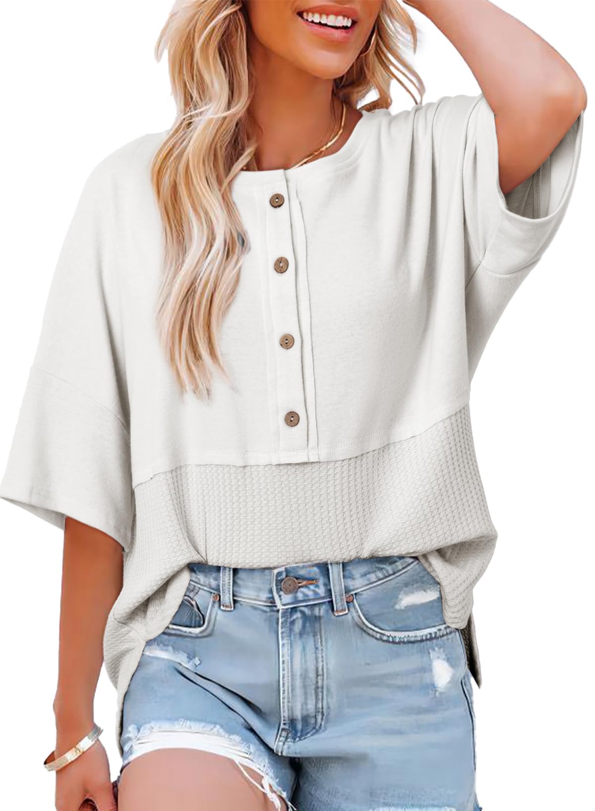 Limited time sale🔥Women's 3/4 Sleeve Casual Button Down Waffle Knit Tops