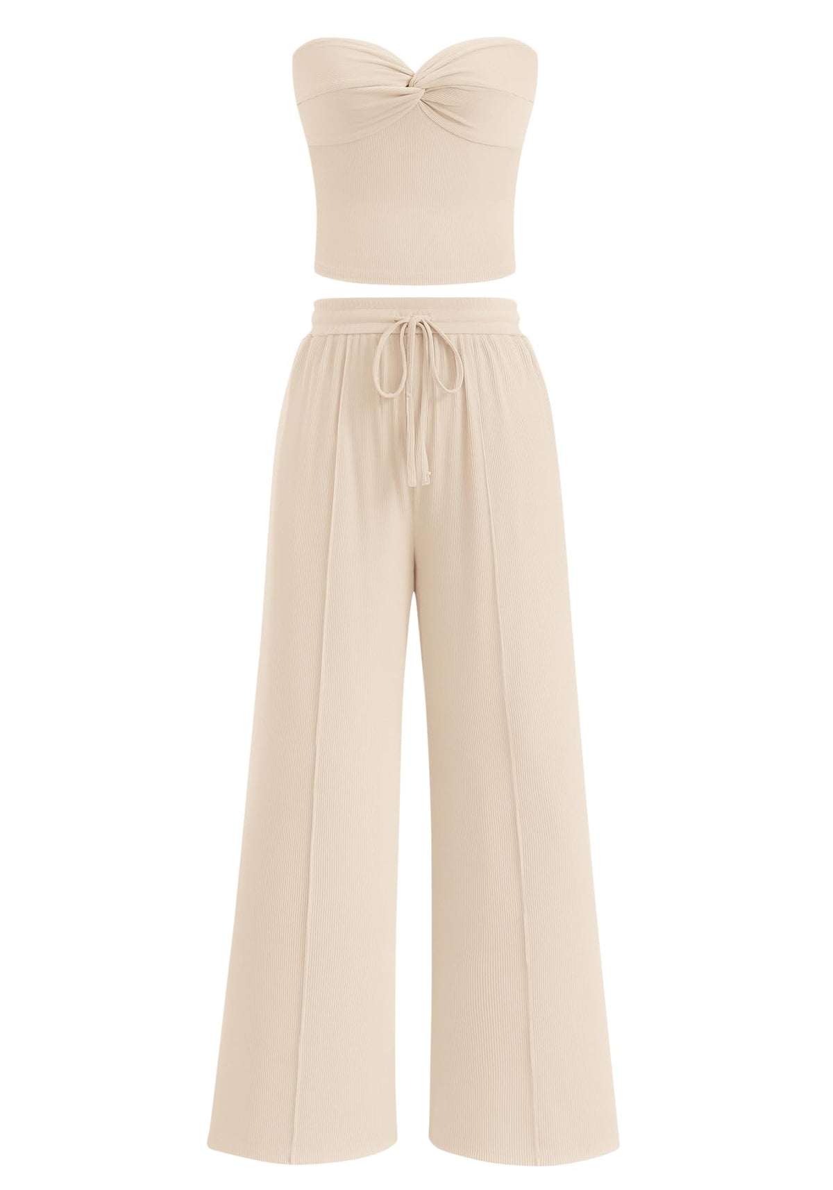 Women Ribbed Strapless Twist Knot Tube Top Pants 2 Piece Set