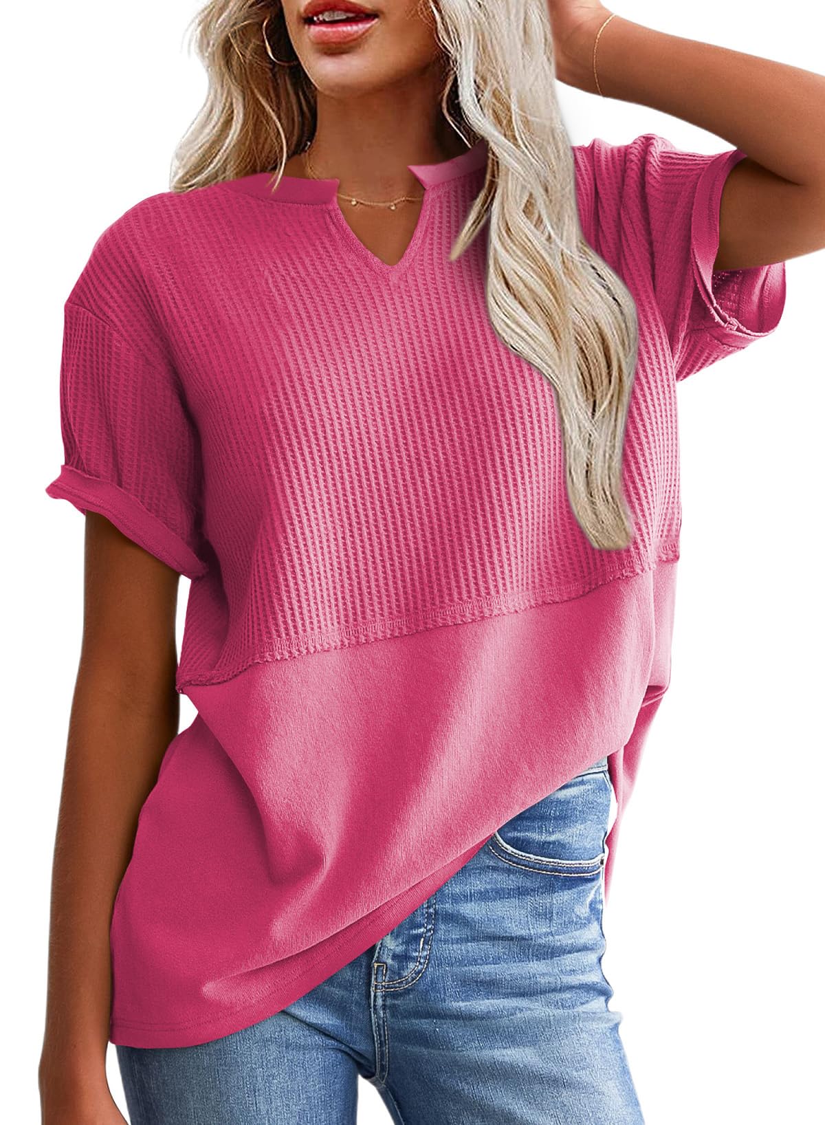 Limited time sale🔥Women's Casual V Neck Waffle Knit Tops Short Sleeve T Shirts