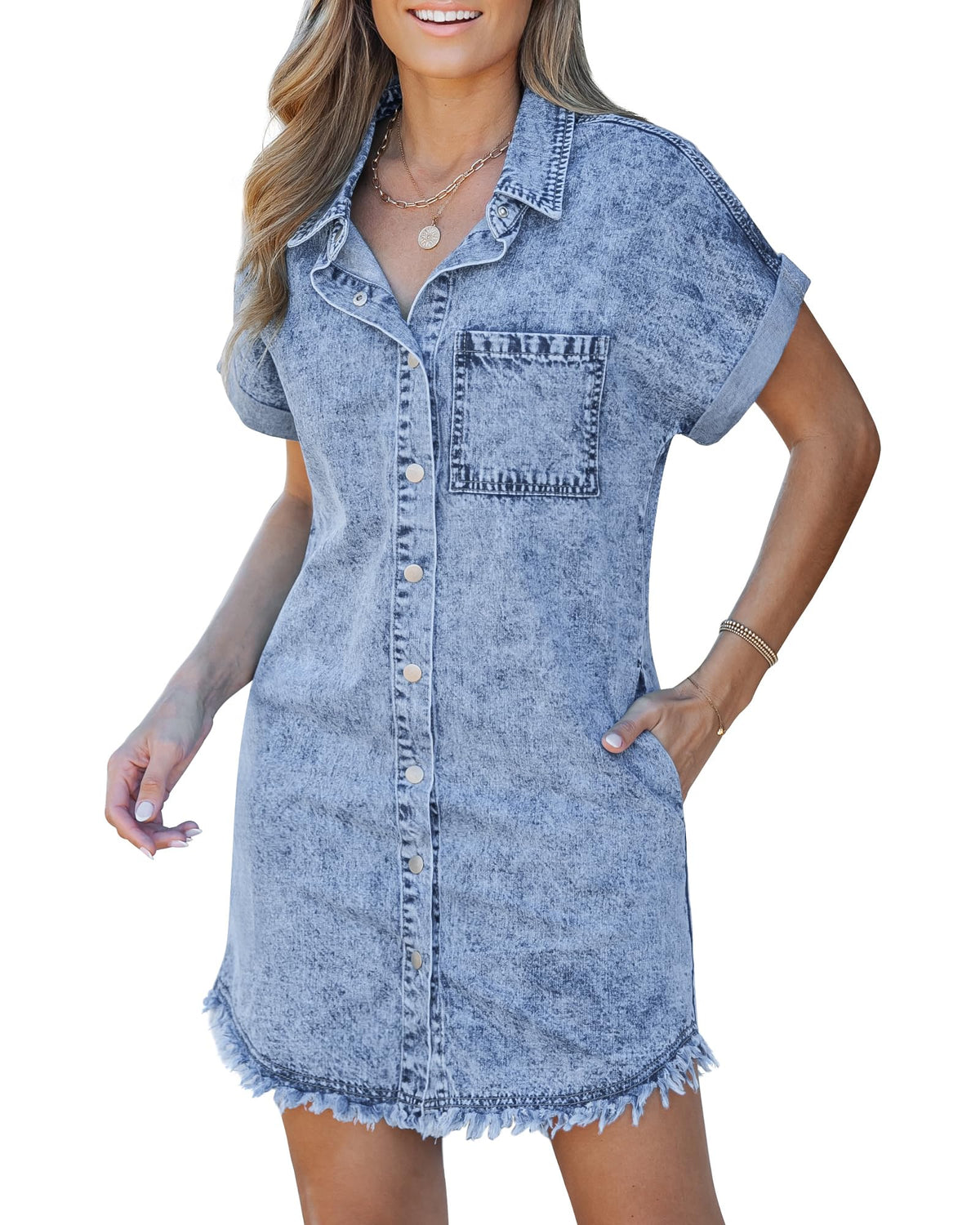 Limited time sale🔥Women's Button Down Frayed Hem Denim Shirt Dresses