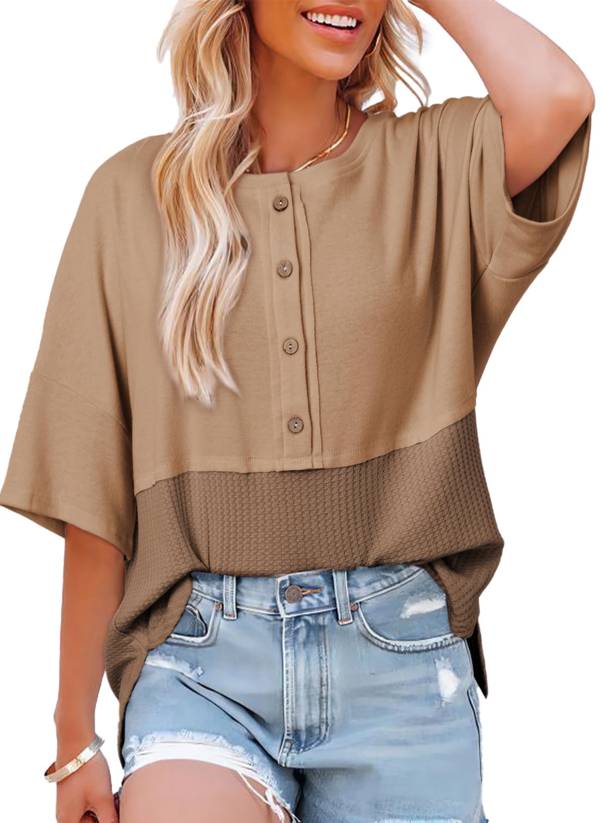 Limited time sale🔥Women's 3/4 Sleeve Casual Button Down Waffle Knit Tops