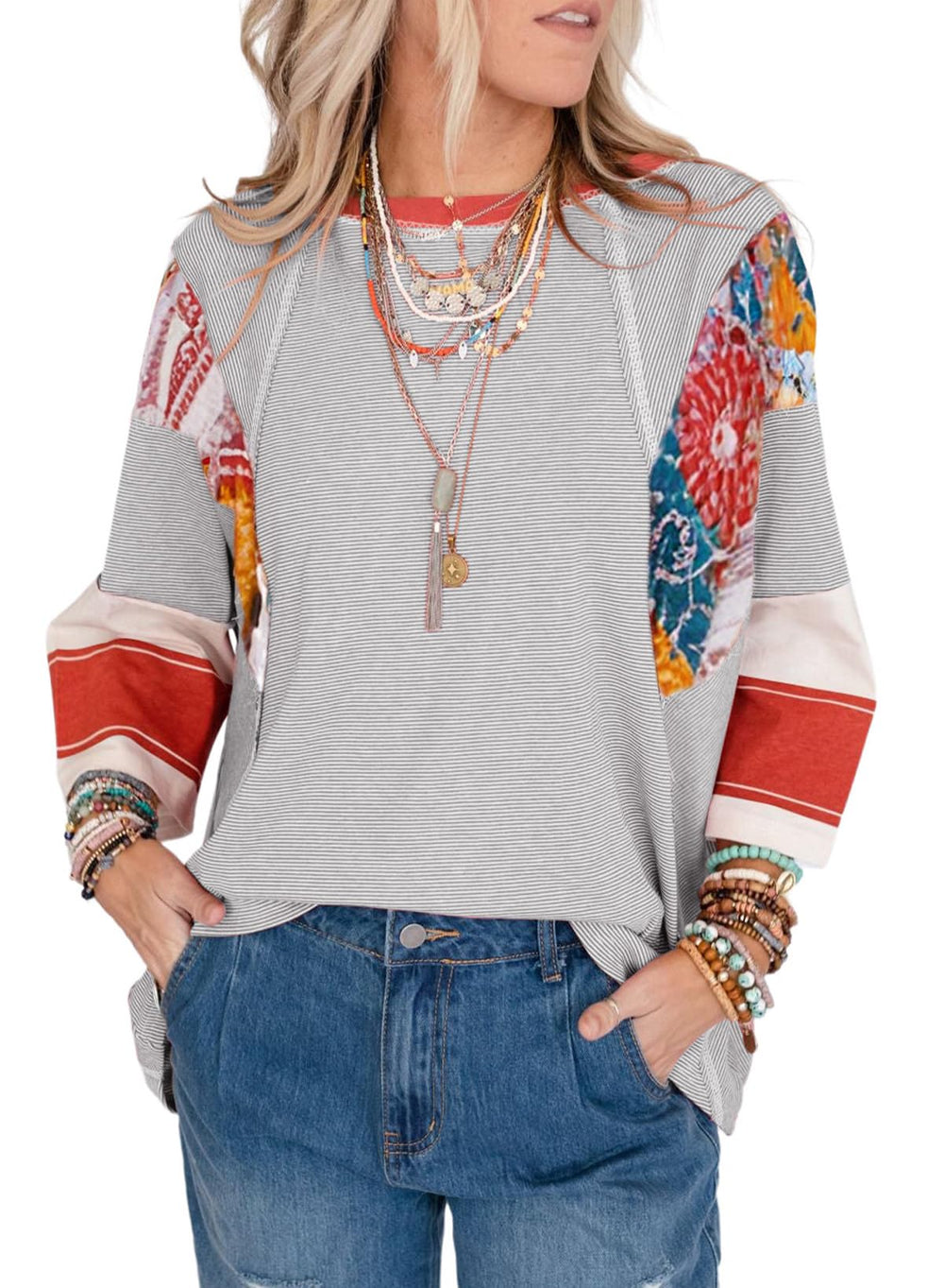 ✨Women's 3/4 Length Sleeve Oversized Striped Patchwork Shirts