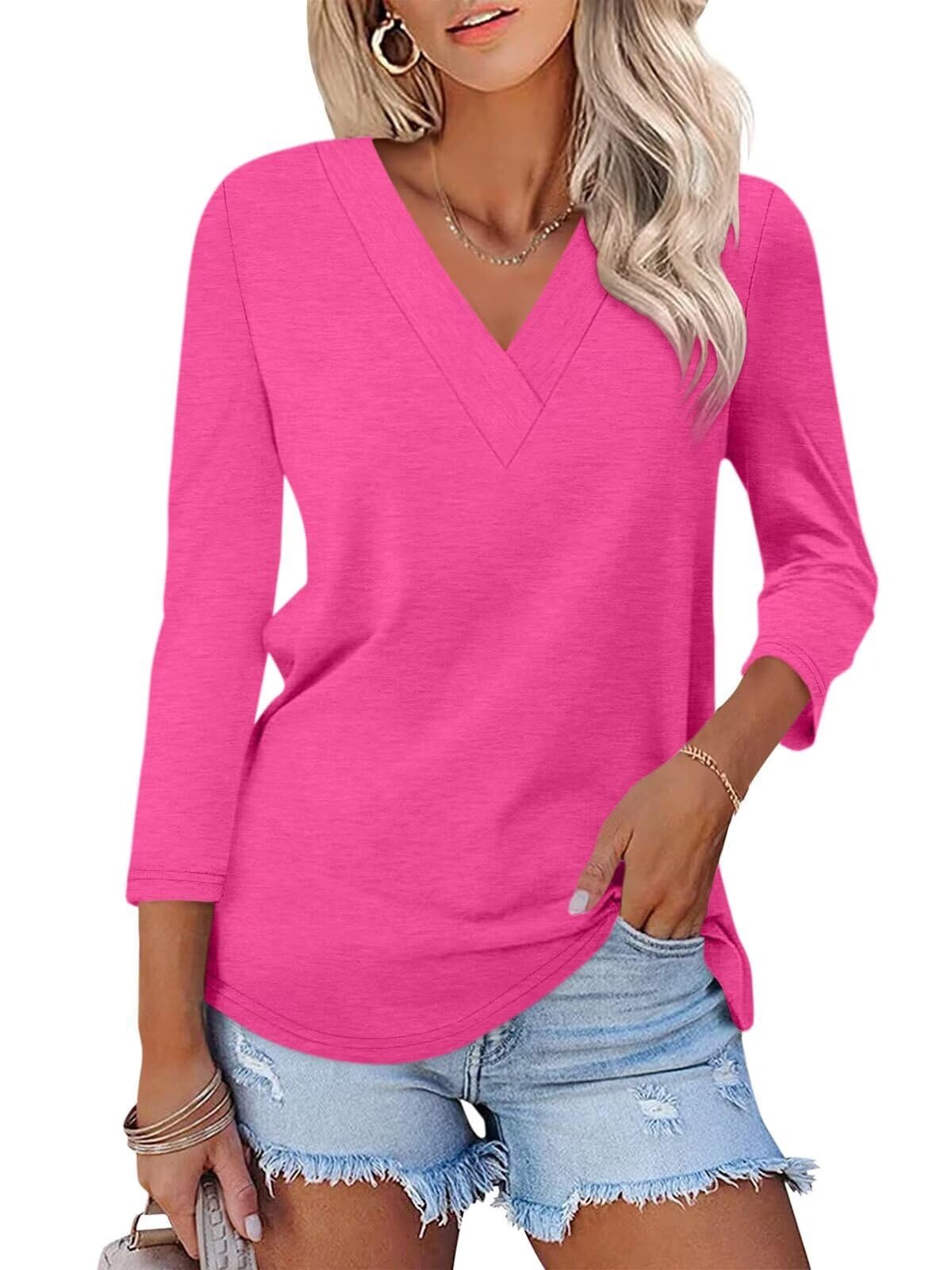 Limited time sale🔥Women's 3/4 Length Sleeves V Neck Shirts Basic Tees