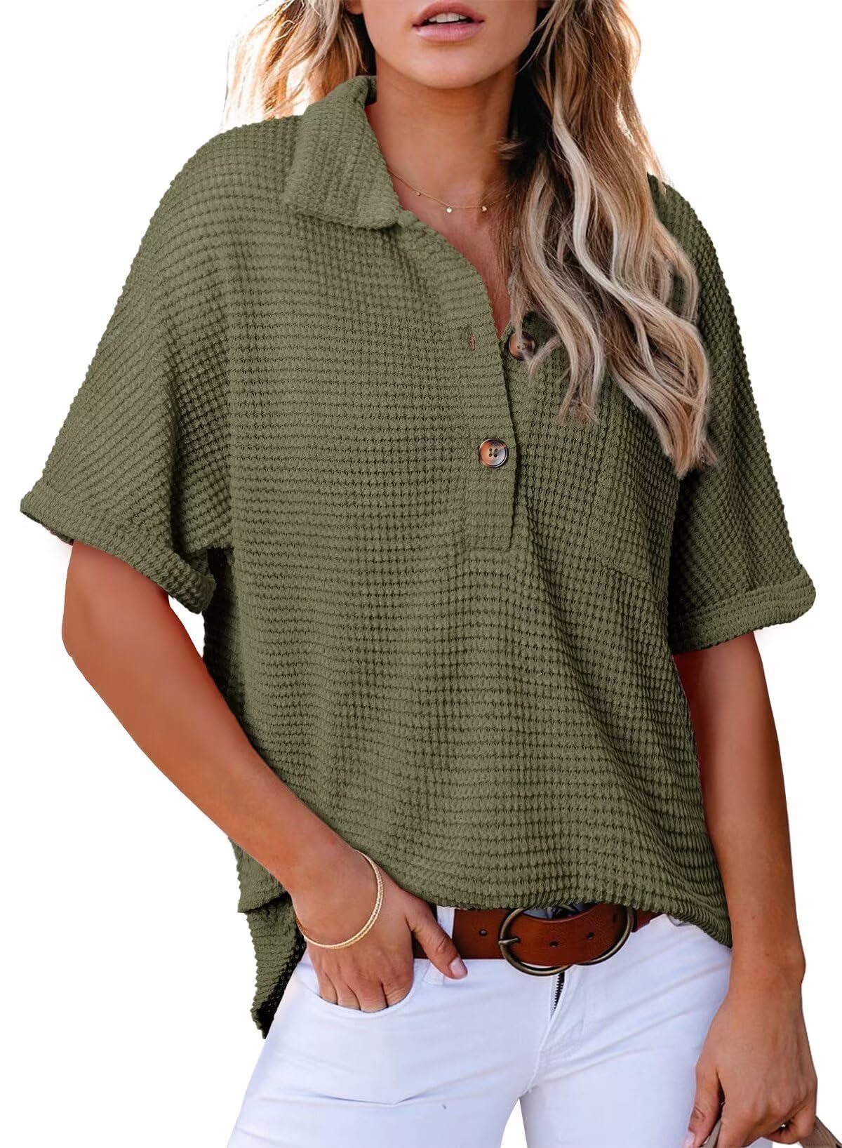 Limited time sale🔥Women's Waffle Knit Short Sleeve Tunic Henley Top