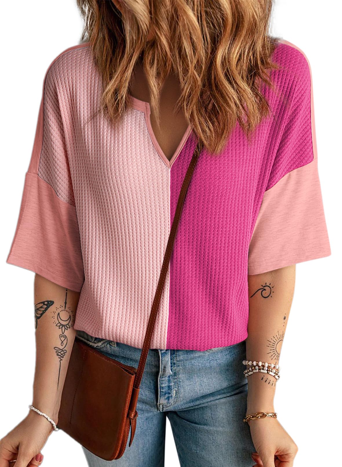 Limited time sale🔥Women's Half Sleeve Waffle Knit Casual V Neck Colorblock Patchwork Shirts