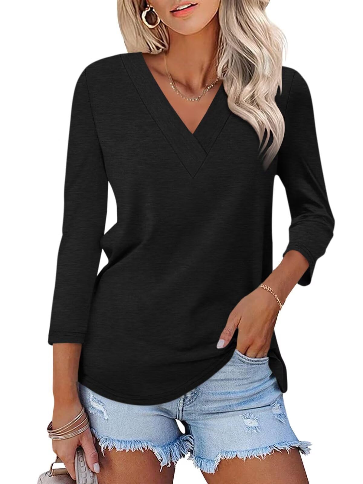 Limited time sale🔥Women's 3/4 Length Sleeves V Neck Shirts Basic Tees