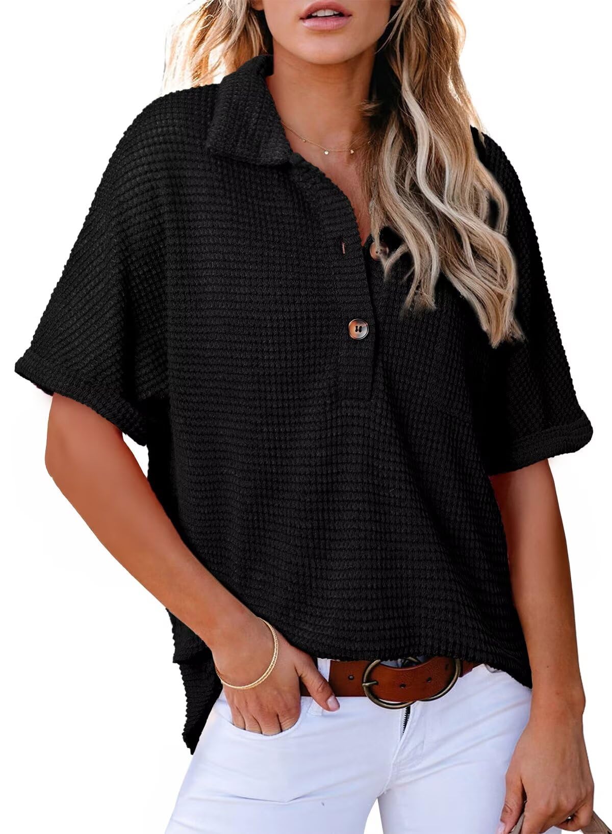 Limited time sale🔥Women's Waffle Knit Short Sleeve Tunic Henley Top