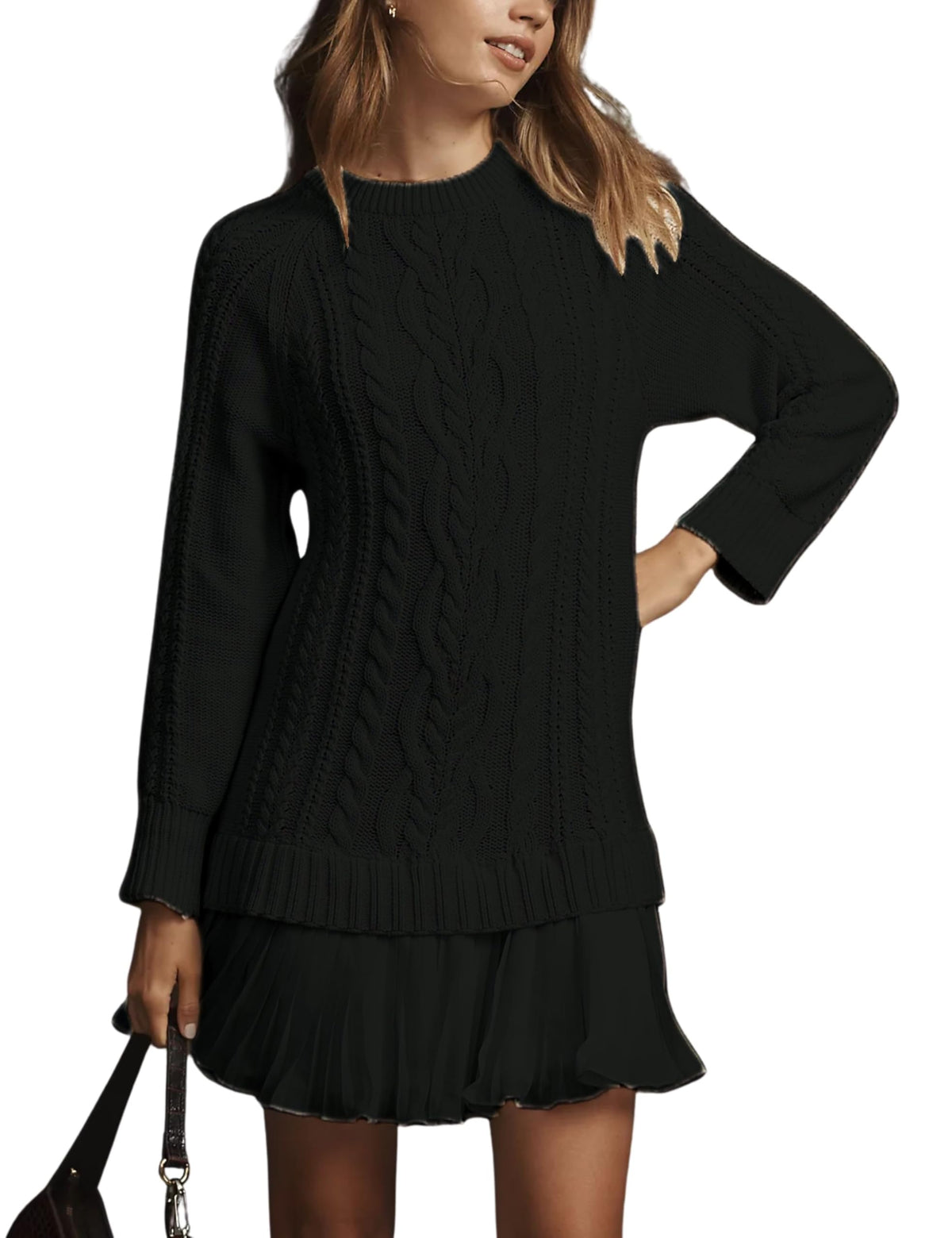 Limited time sale🔥Women Crewneck Cable Knit Sweater Mini Dress